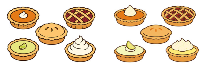 Assortment of delicious baked dessert pies including pumpkin, berry, key lime, and cream with various toppings