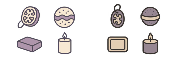 Collection of spa and bath products icons featuring candles, soap bars, loofah sponges, and various bath bombs