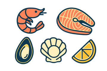 Collection of fresh seafood and citrus icons featuring shrimp, salmon, mussel, scallop, and a lemon wedge
