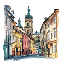 Obraz premium Lviv Old Town. Lviv Old Town watercolor vector illustration