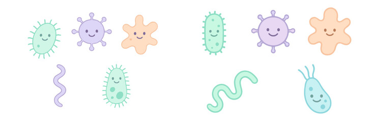 Set of adorable smiling microorganisms including various bacteria viruses and germs with friendly expressions