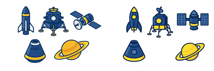 Space exploration vehicles and celestial objects icon set including rocket, satellite, lander, capsule, and planet Saturn