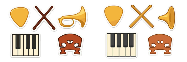 Collection of musical instrument elements including guitar pick, drumsticks, horn, piano keyboard, and violin bridge