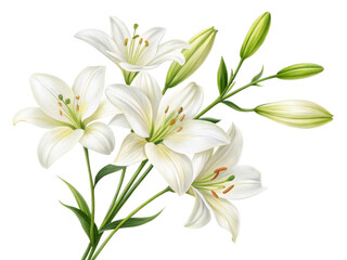 Fototapeta premium White lilies are elegant flowers symbolizing purity and beauty, showcasing delicate petals and vibrant green buds