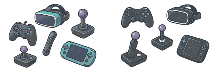A collection of modern and retro video game controllers, virtual reality headsets, and handheld consoles © icon_art