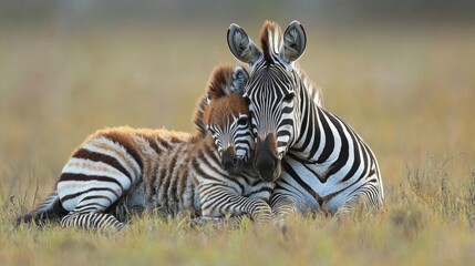 Naklejka premium Two zebras relaxing in the savannah, useful for articles about wildlife, travel, or children's books about animals.