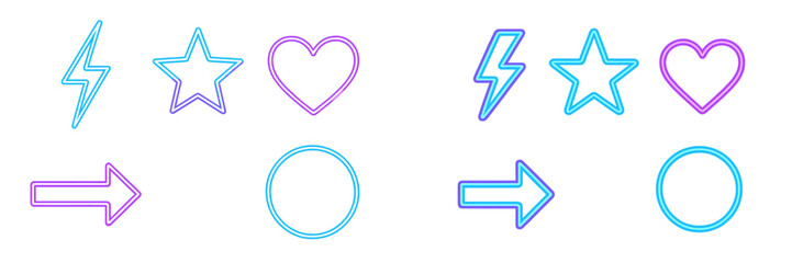 Neon glowing outline icons for modern digital interface with lightning bolt star heart arrow circle shapes
