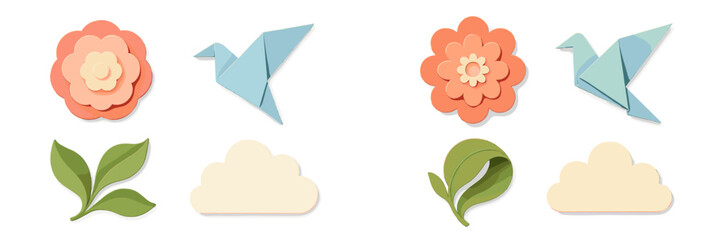 Colorful paper cut style spring elements including layered flowers, origami birds, green leaves, and soft clouds