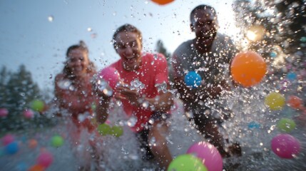 Adults playing water balloon fight in slow motion (splash action)