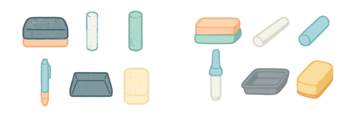 Essential classroom and office supplies featuring board erasers, colorful chalk, and writing instruments