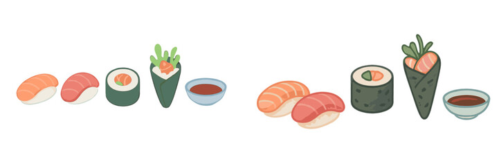 Colorful selection of traditional Japanese sushi nigiri, maki rolls, and hand rolls with dipping sauce © icon_art