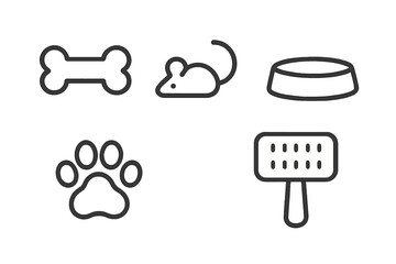 Essential pet care accessories and animal related symbols including bone, mouse, bowl, paw print, and brush in a minimalist line art style