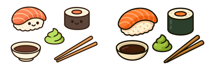 Cute and traditional Japanese sushi set with nigiri, maki rolls, wasabi, soy sauce, and chopsticks © icon_art
