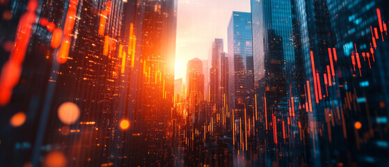 A futuristic cityscape with digital graphics against a backdrop of skyscrapers and the rising sun is suitable for articles on finance, technology, and the future of cities.