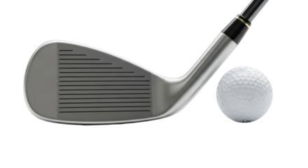 Isolated Golf iron and golf ball are shown on the ground ready to be used by golfer outside