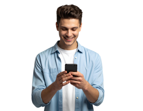 Young Happy Man Looking at His Phone, isolated on a transparent background.