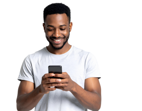 Young Happy Man Looking at His Phone, isolated on a transparent background.