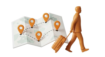 Isolated Traveler with Suitcase Map and Location Pins Planning Trip for Business, Leisure