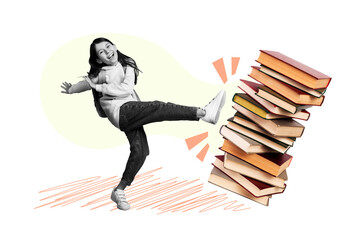 Vertical composite collage image picture of girl kick big pile stack book isolated on creative background