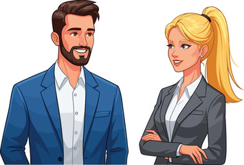 Confident businessman and businesswoman standing together, professional corporate attire, business partnership, office teamwork, successful businesspeople vector illustration