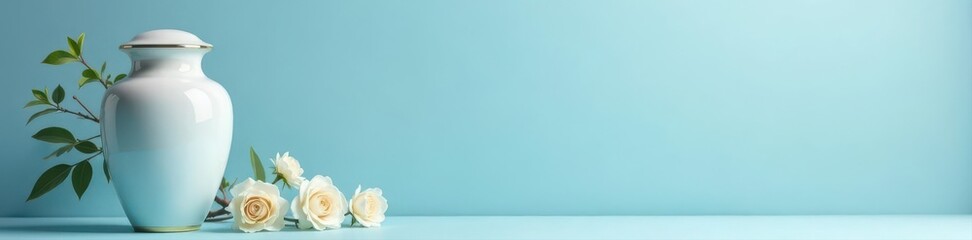 Light blue background, urn, photo frame; elegant funeral design, serenity, photo frame, memory
