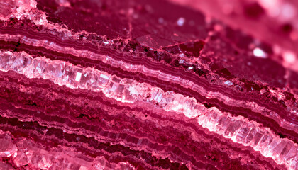 Fototapeta premium Macro photo of a deep pink mineral. Microscopic view of a geological sample. Abstract background of crystal stone texture. Cross-section of a ruby or magenta colored geode.