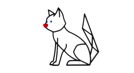 Isolated modern cat illustration, sitting with geometric tail, heart nose and blue eyes