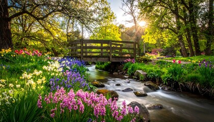 Obraz premium Wooden Bridge Over Stream in a Lush Spring Garden Surrounded by Greenery