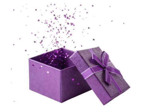 Vibrant purple gift box with ribbon, overflowing with colorful confetti, creates festive atmosphere