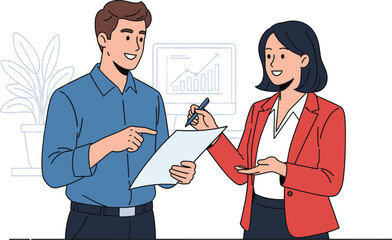 Office collaboration vector, man and woman discussing report, business teamwork, professional meeting scene with clipboard, chart background, and casual attire