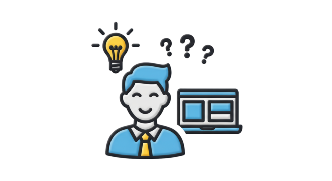 Isolated Person next to Laptop with Question Marks, Idea Lightbulb, creative solving