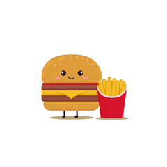Cute cartoon burger character with smiling face and fries
