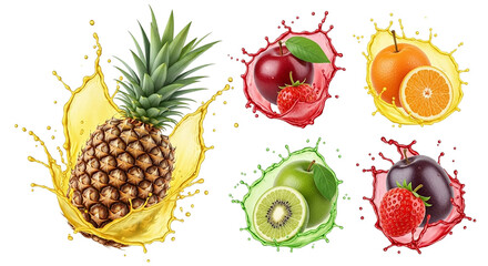 A vibrant splash of summer fruits pineapple apple orange kiwi and plum bursting with fresh on transparent background