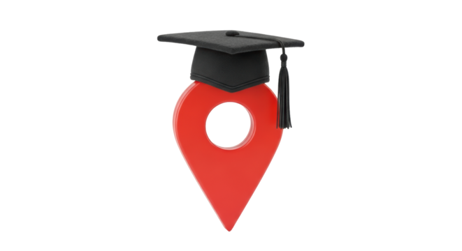 Isolated Symbol of Educational Attainment Red Location Pin Graduation Cap and Tassel