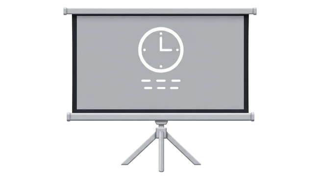 Isolated projector screen showing clock icon, presentation monitor for business schedule view