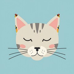 Cute Cartoon Cat Face with Smiling with Closed Eyes, Blue Background, and Vector Illustration.