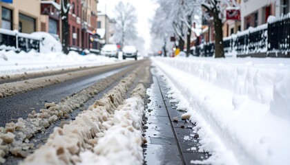 Road plowed after heavy snowfall, a car barely visible down the road