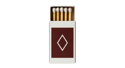 Isolated matchbox with diamond on front, striking matches with brown heads and white tip