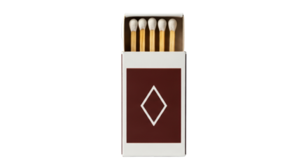 Isolated matchbox with diamond on front, striking matches with brown heads and white tip