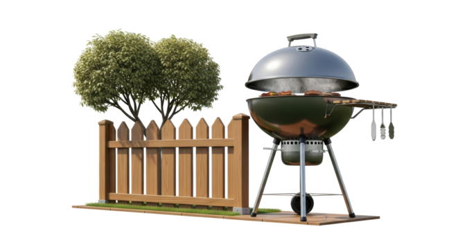 Isolated charcoal kettle barbecue grill beside a picket fence with trees in the background