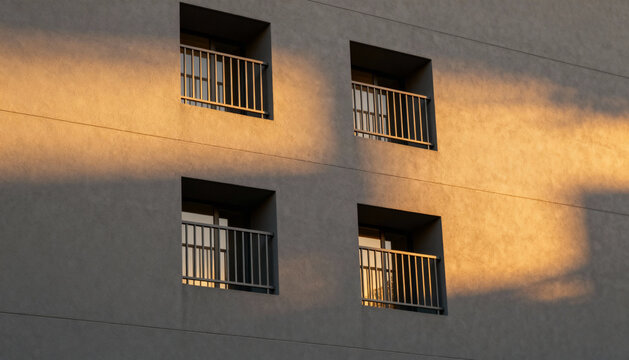 Abstract architectural background. Minimalist gray concrete facade of a modern residential building with square windows and balconies. Golden hour sunlight creating geometric shadows.