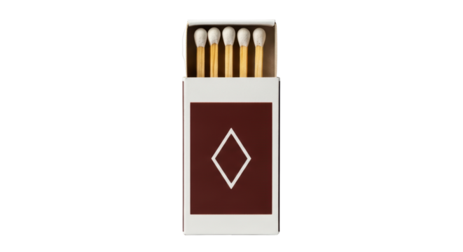 Isolated matchbox with diamond on front, striking matches with brown heads and white tip