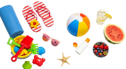 Summer fun A vibrant arrangement of beach essentials towel flip flops toys snacks and on transparent background