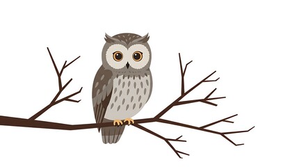 Cute Owl Perched on a Branch Illustration of a Wise Bird on White Background.