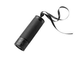 Portable flashlight with sleek design, featuring black exterior and convenient strap for easy carrying. Ideal for outdoor activities