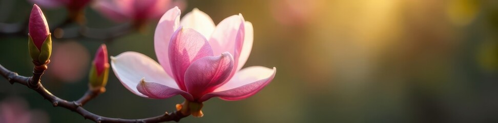 Fototapeta premium Pale pink magnolia blossom, petals unfurling in soft light, spring, blossom