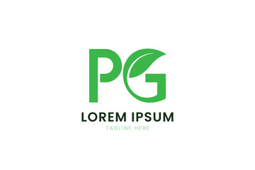 Minimalist green pg logo design with leaf element for nature and eco brands