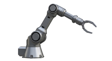 Isolated Industrial Robotic Arm, Mechanical Robot Grip and Joints, Metallic Silver Appearance