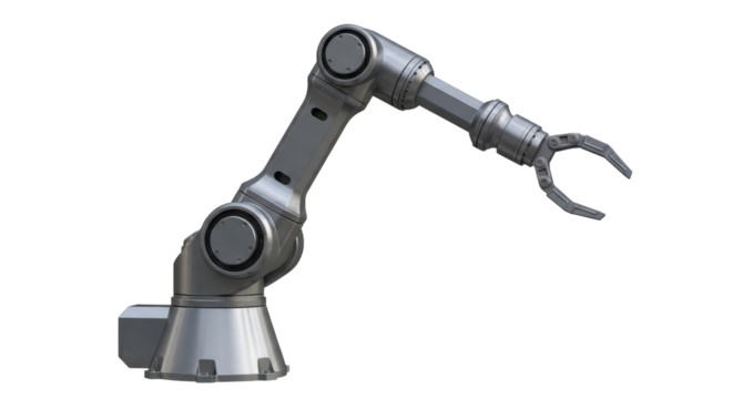 Isolated Industrial Robotic Arm, Mechanical Robot Grip and Joints, Metallic Silver Appearance