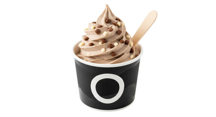Isolated soft serve ice cream dessert in paper cup, topped with chocolate squares treat